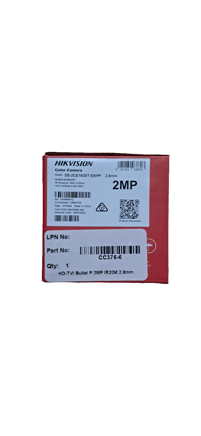 CC376-6 Hikvision HD-TVI Bullet Plastic 2MP IR20M 2.8mm